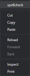 Right-click context menu showing spellcheck, cut, copy, paste, reload, forward, back, inspect, and print